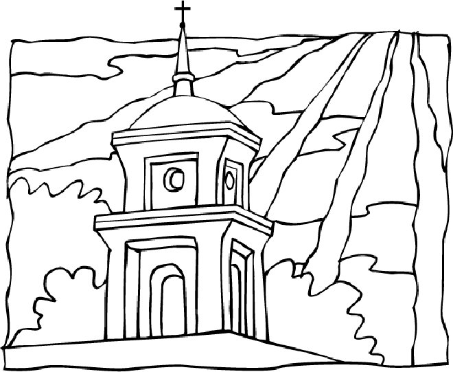 Coloriage d'une église entourée d'arbres et de nuages