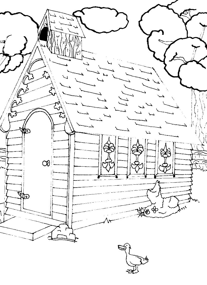 Coloriage d'une église entourée d'arbres et de nuages