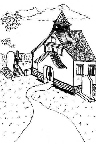 Coloriage d'une église entourée d'arbres et d'un ciel nuageux
