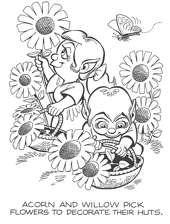 Coloriage d'un elfe jouant au bord d'une rivière entourée de fleurs