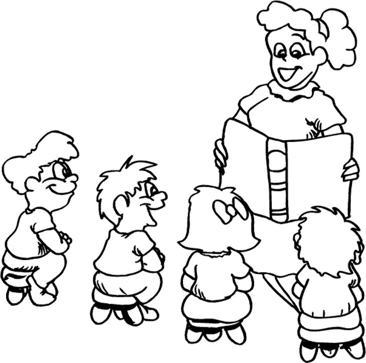 Coloriage d'un enseignant entouré d'élèves en pleine activité scolaire