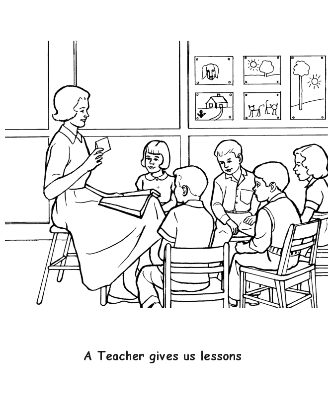 Un enseignant et une enseignante entourés d'élèves en pleine activité de coloriage