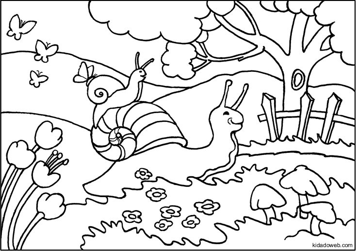 Coloriage d'un escargot sur une feuille avec un décor naturel
