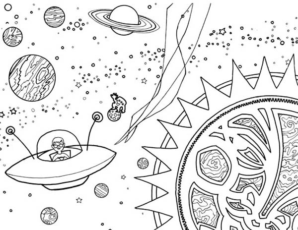 Coloriage d'un extraterrestre souriant dans un paysage futuriste