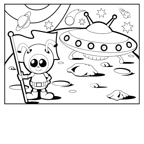 Coloriage d'un extraterrestre souriant dans un décor de science-fiction