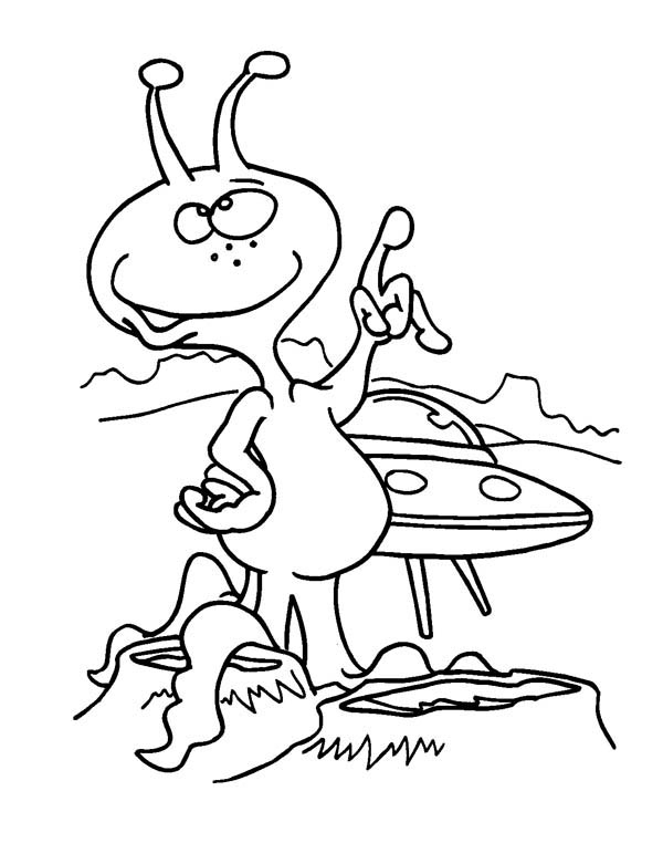 Coloriage d'un extraterrestre amusant dans un décor spatial