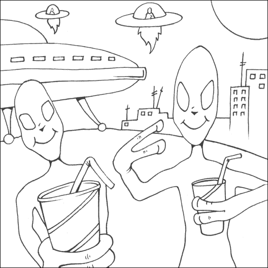 Coloriage d'un extraterrestre joyeux dans un paysage spatial