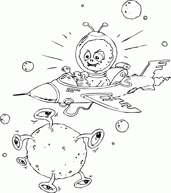 Coloriage d'un extraterrestre souriant dans un paysage stellaire Coloriage d'un extraterrestre souriant dans un paysage stellaire