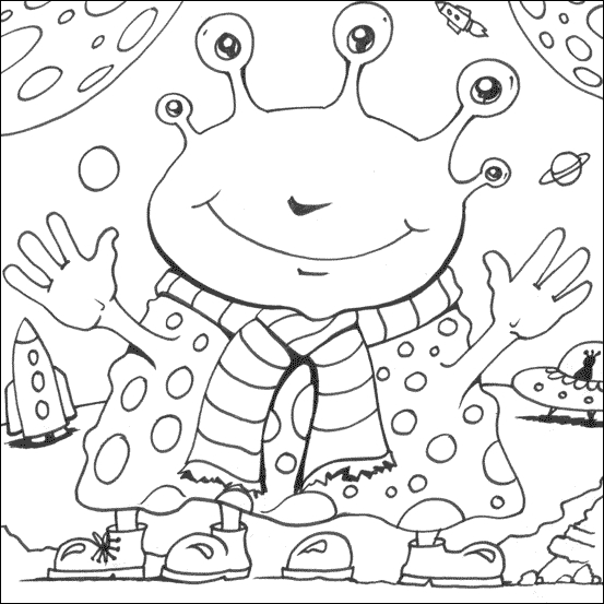 Coloriage d'un extraterrestre amusant dans un paysage spatial