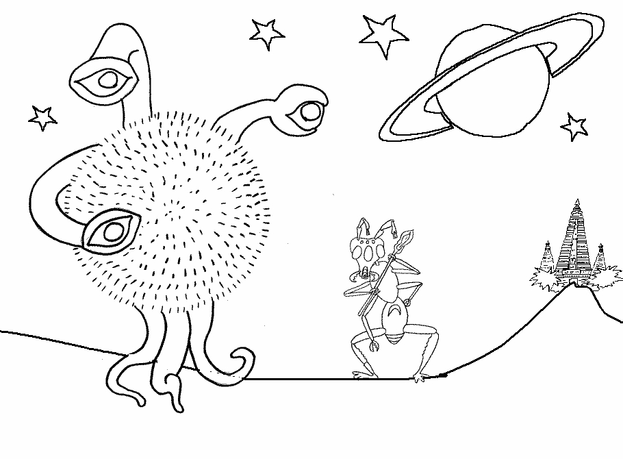 Un extraterrestre joyeux au milieu de sa planète colorée