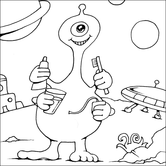 Coloriage d'un extraterrestre souriant sur une planète colorée