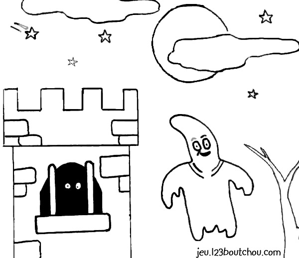 Coloriage d'un fantôme joyeux flottant parmi des nuages