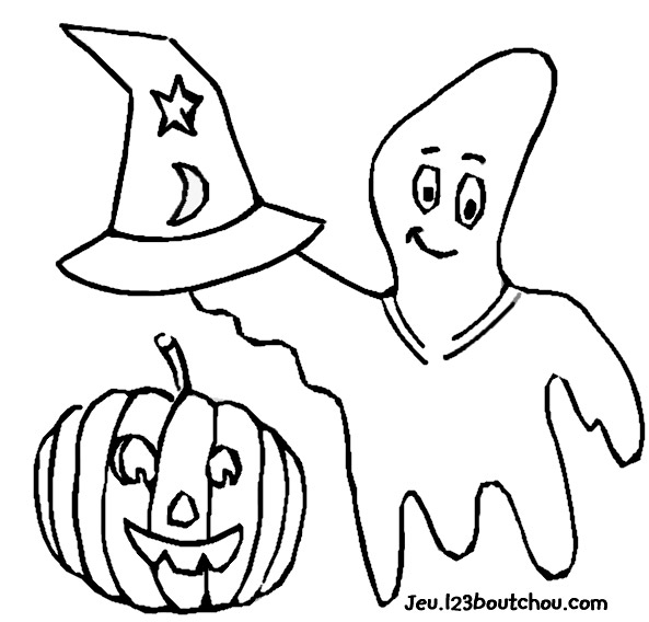Coloriage d'un fantôme souriant flottant dans un décor nocturne