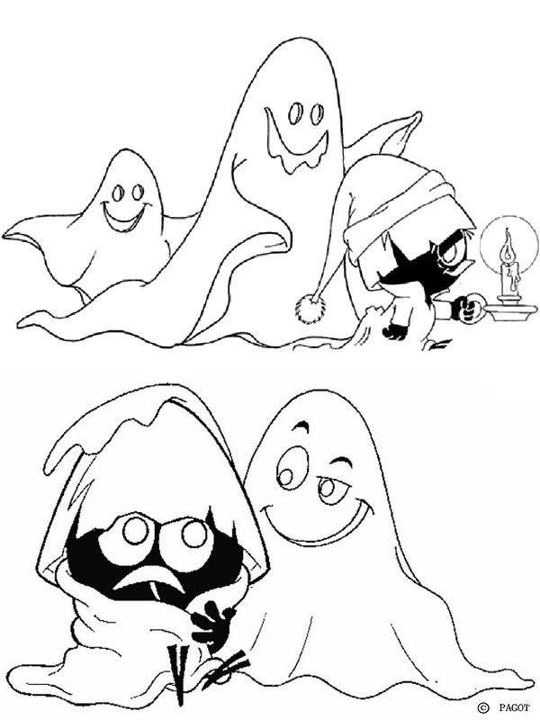 Coloriage d'un fantôme souriant dans un décor de nuit étoilée