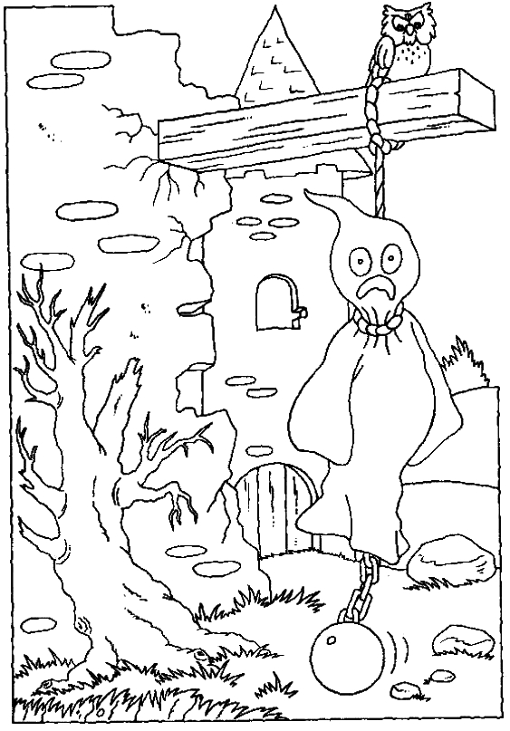 Coloriage d'un fantôme amusant flottant dans un décor nocturne