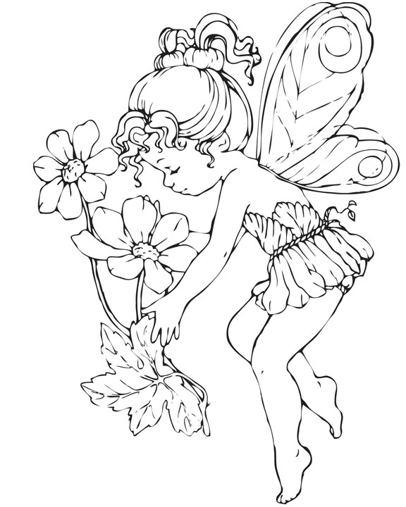 Une fée assise sur un nuage, entourée de fleurs