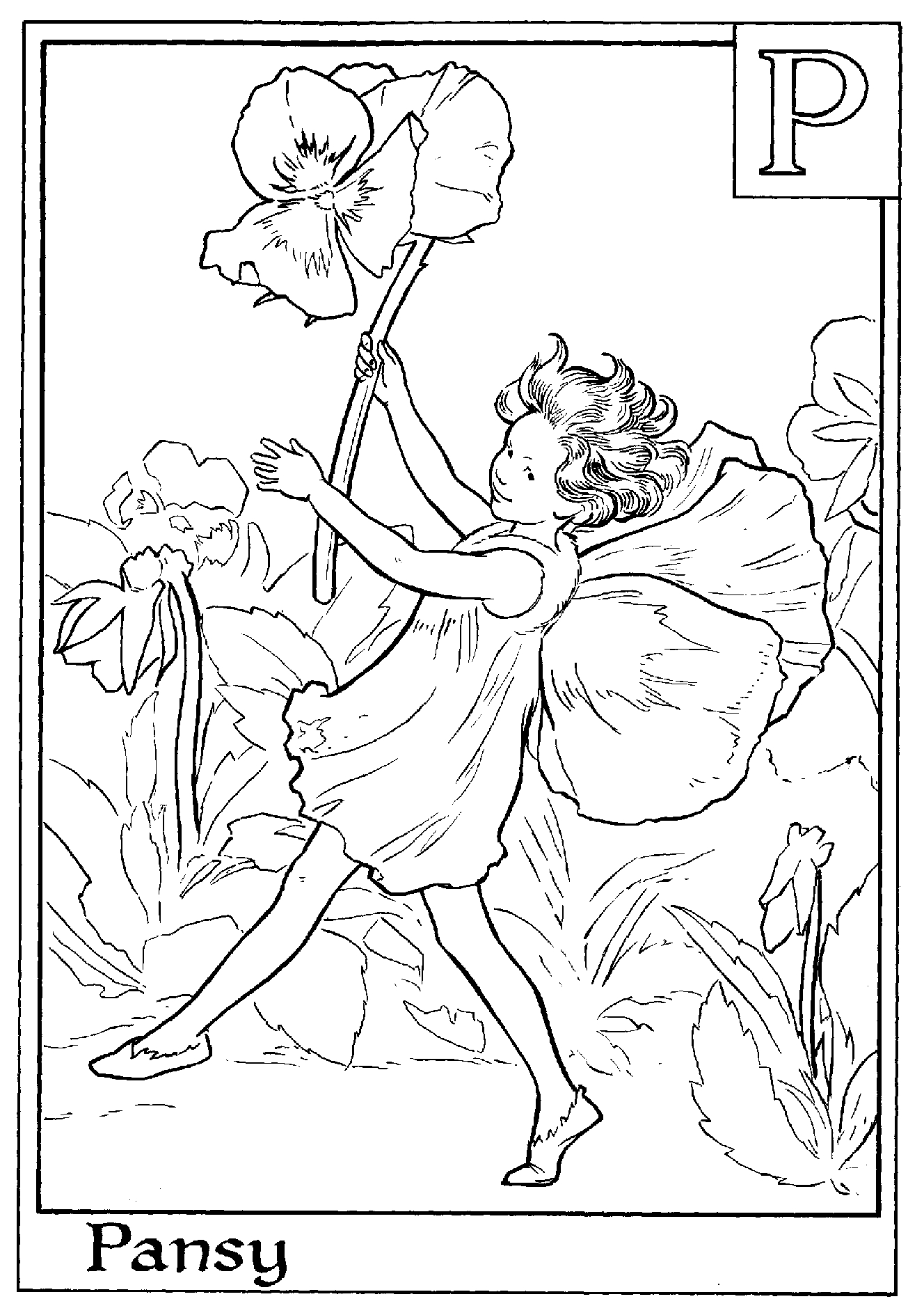 Coloriage d'une fée dans un jardin fleuri