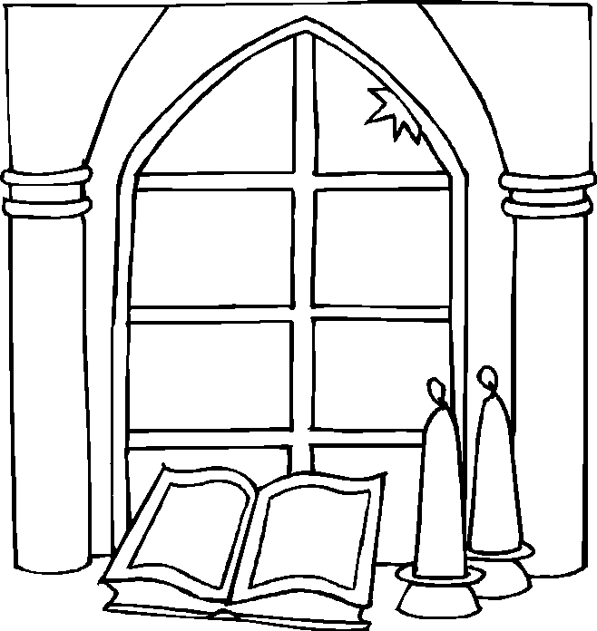 Coloriage d'une fenêtre ornée de motifs floraux et d'un paysage extérieur