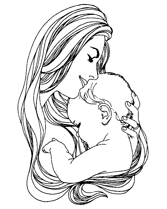 Coloriage d'une scène tendre pour la fête des mères avec un cœur et des fleurs