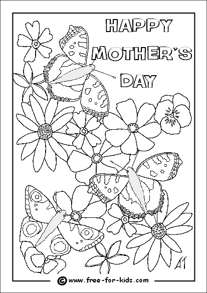 Coloriage fête des mères avec un bouquet de fleurs et une carte