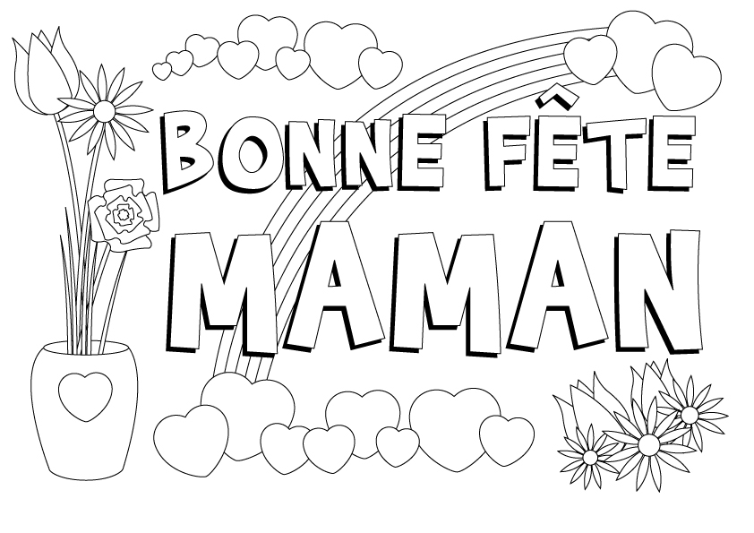 Coloriage d'une mère entourée de fleurs et de cœurs pour la fête des mères