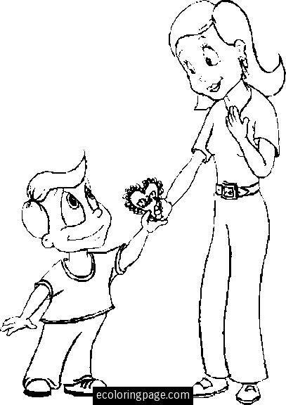 Coloriage d'une fête des mères avec une mère et ses enfants dans un jardin fleuri