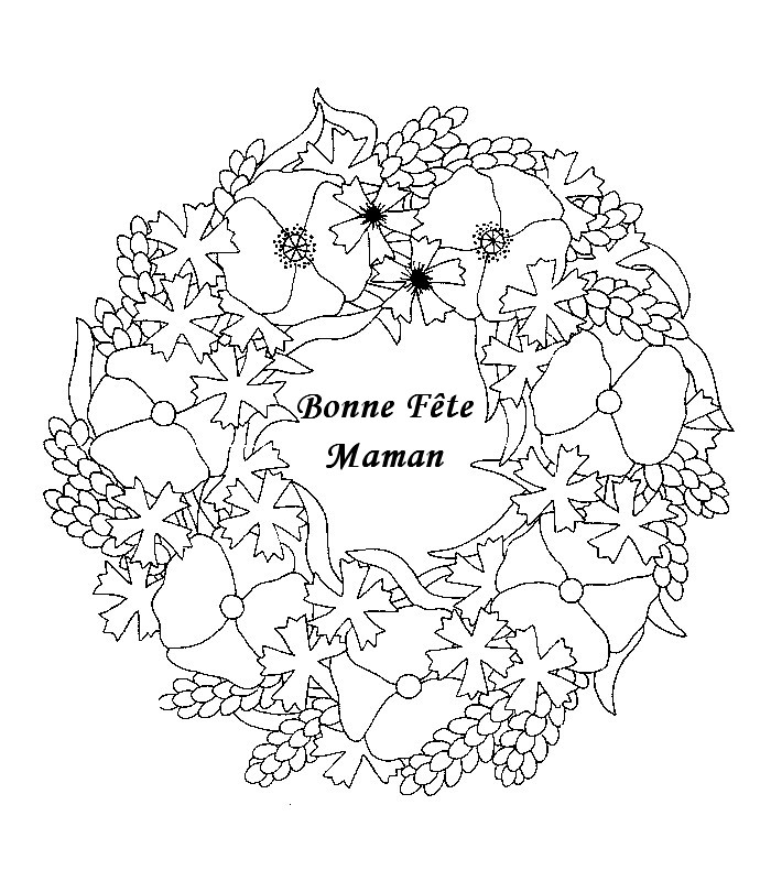 Coloriage d'une mère entourée de fleurs et de cœurs pour la fête des mères