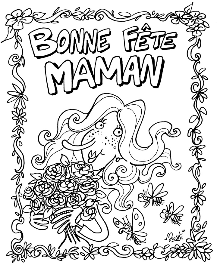 Coloriage fête des mères avec un bouquet de fleurs et des cœurs