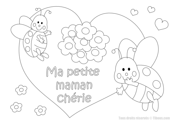 Coloriage fête des mères avec un bouquet de fleurs et un message doux