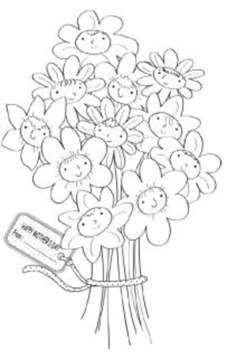 Coloriage d'une famille célébrant la fête des mères avec des fleurs