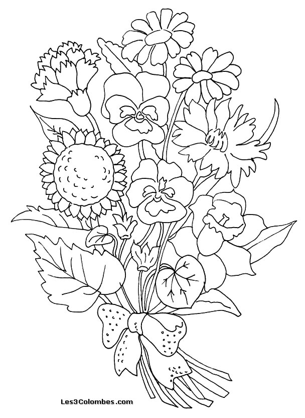 Coloriage fête des mères avec un bouquet de fleurs et un message doux