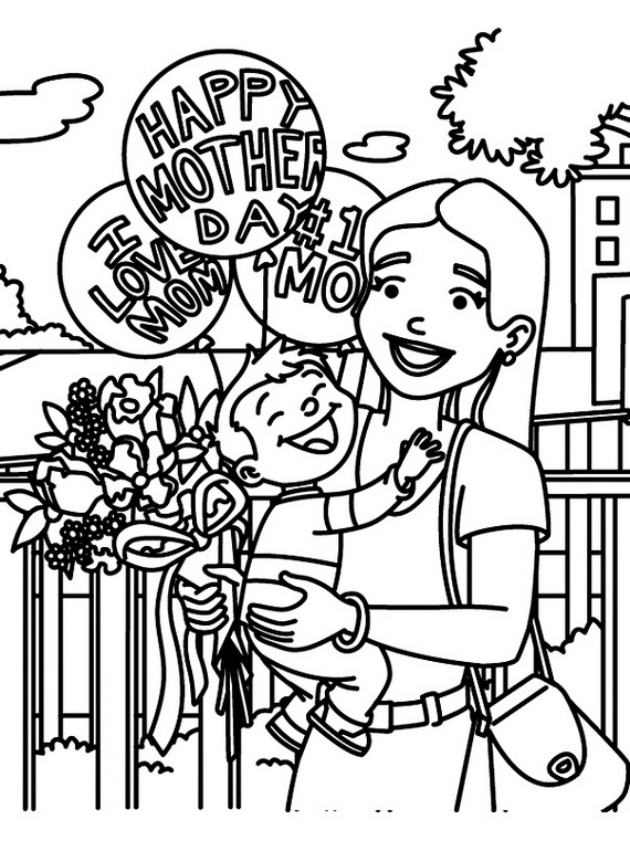 Coloriage de la fête des mères avec un bouquet de fleurs et un message affectueux