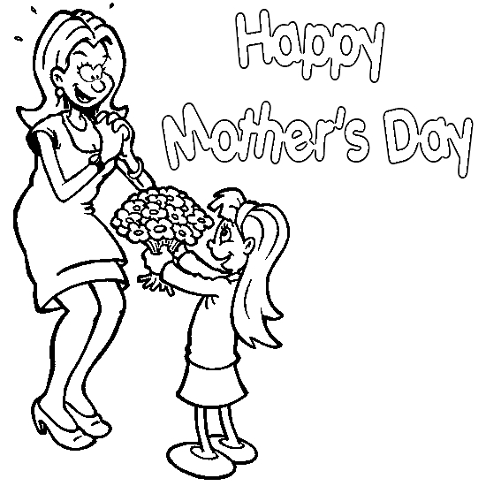 Coloriage d'une mère entourée de ses enfants offrant des fleurs pour la fête des mères