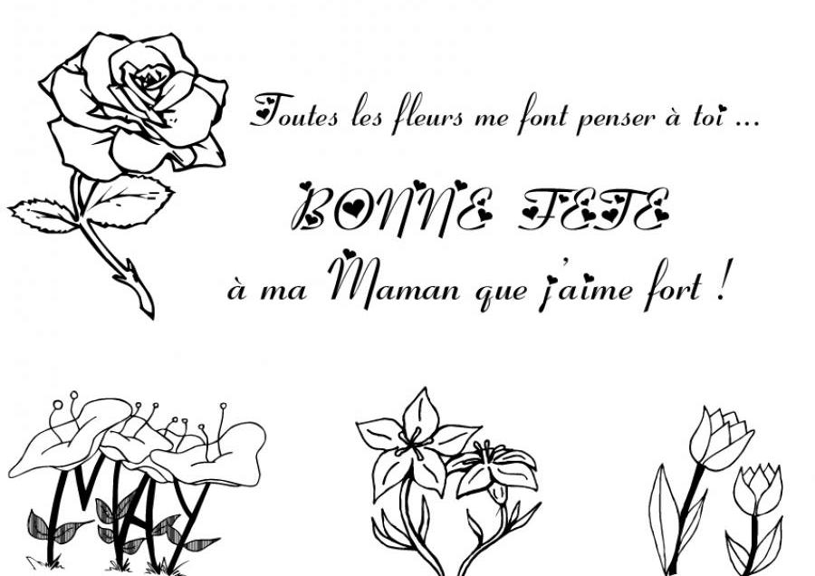 Coloriage d'une scène de fête des mères avec un enfant et un bouquet de fleurs
