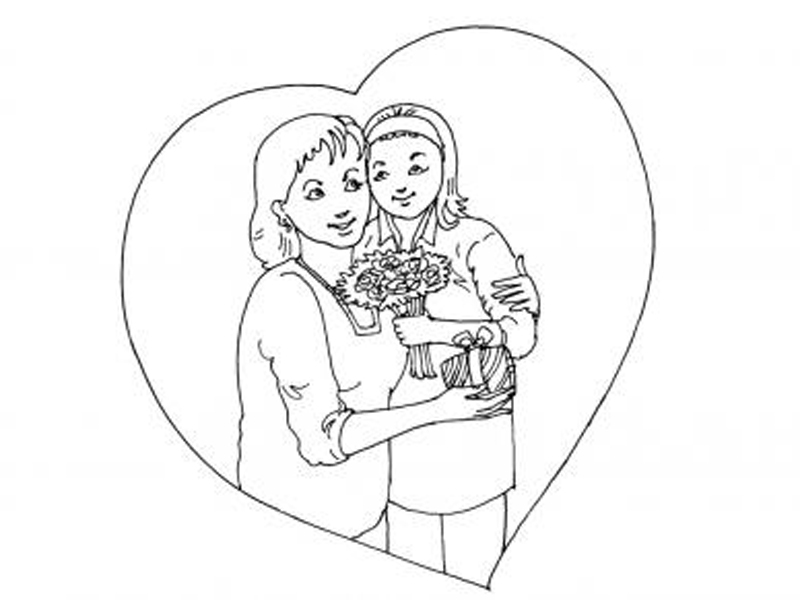 Coloriage fête des mères avec un bouquet de fleurs et un cœur