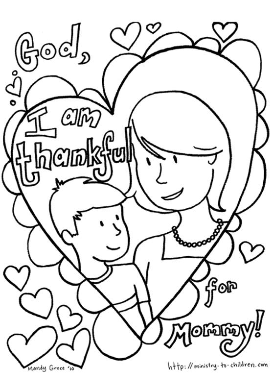 Coloriage d'une scène touchante pour la fête des mères avec un enfant et sa maman