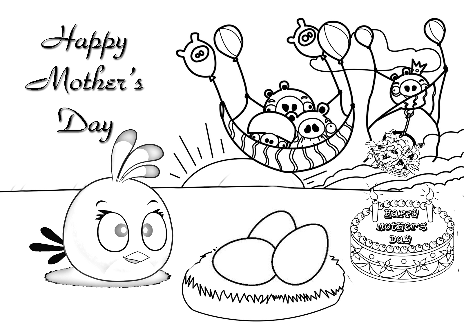 Un coloriage de fête des mères avec des enfants et des fleurs