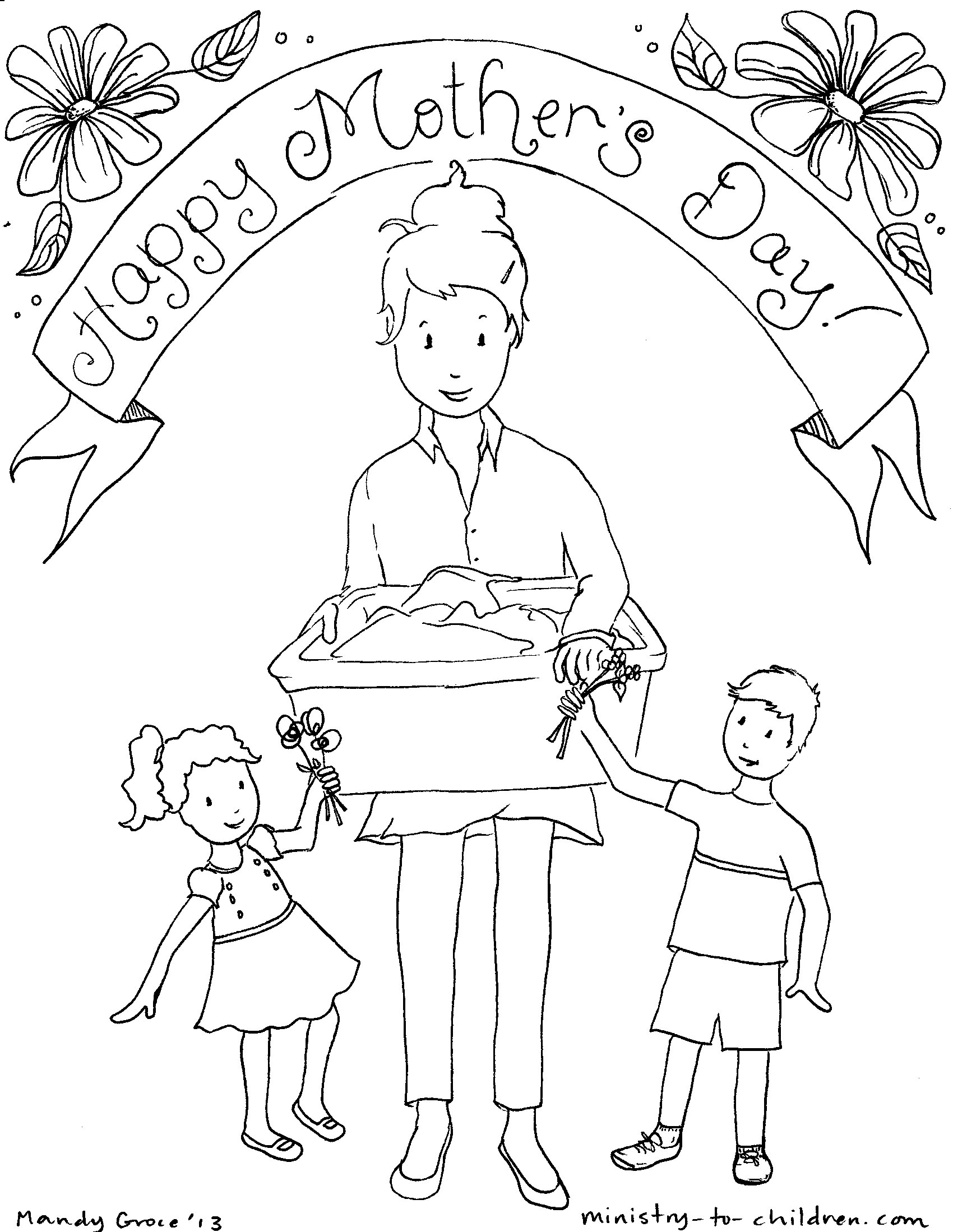 Coloriage fête des mères avec un bouquet de fleurs et une carte