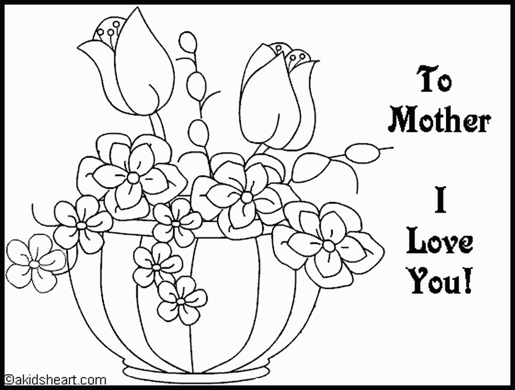 Coloriage fête des mères avec un bouquet de fleurs et un message d'amour