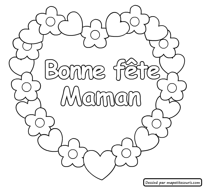 Coloriage d'une fête des mères avec un bouquet de fleurs et des cœurs