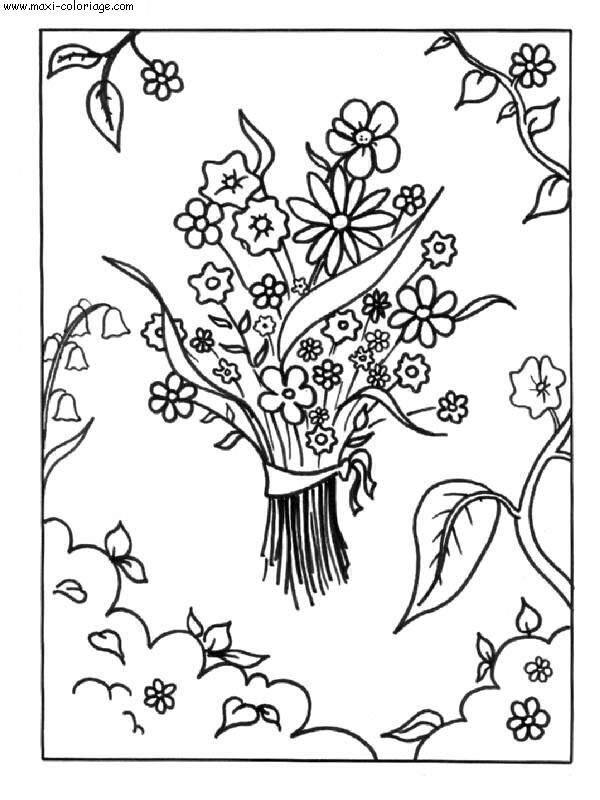 Coloriage d'une scène de fête des mères avec un enfant et un bouquet
