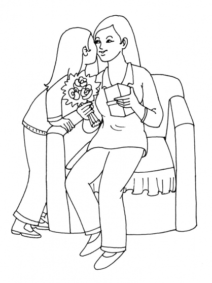 Coloriage de la fête des mères avec un enfant et un bouquet de fleurs