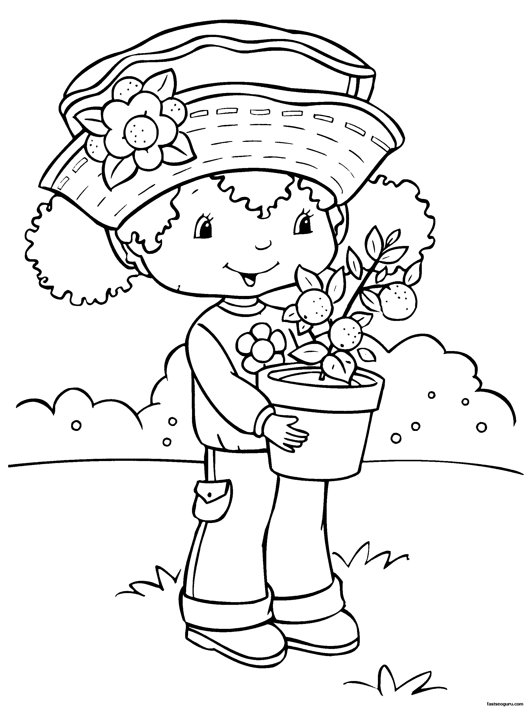Coloriage d'une fillette souriante jouant dans un jardin fleuri