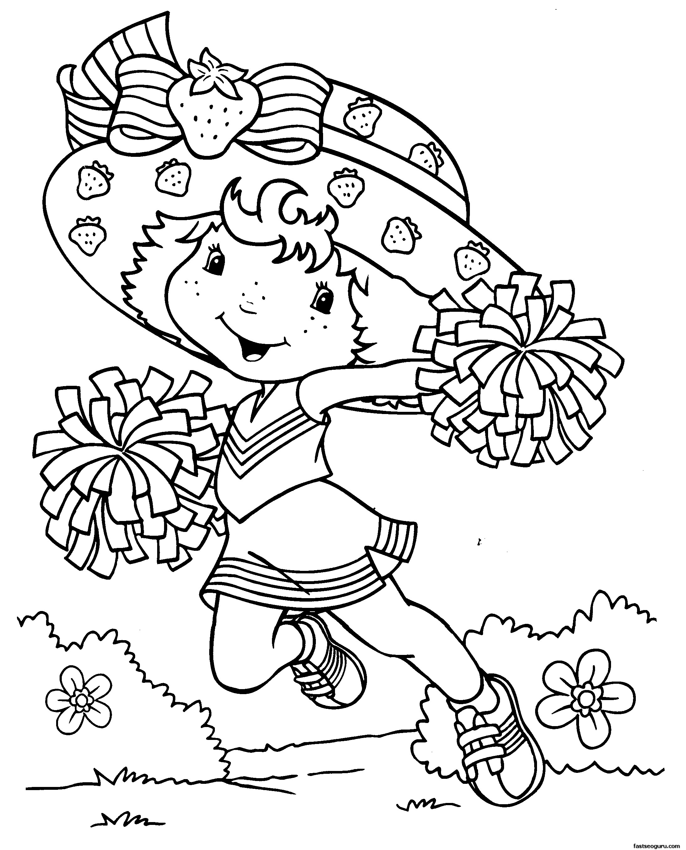 Coloriage d'une fillette joyeuse jouant dans un jardin fleuri
