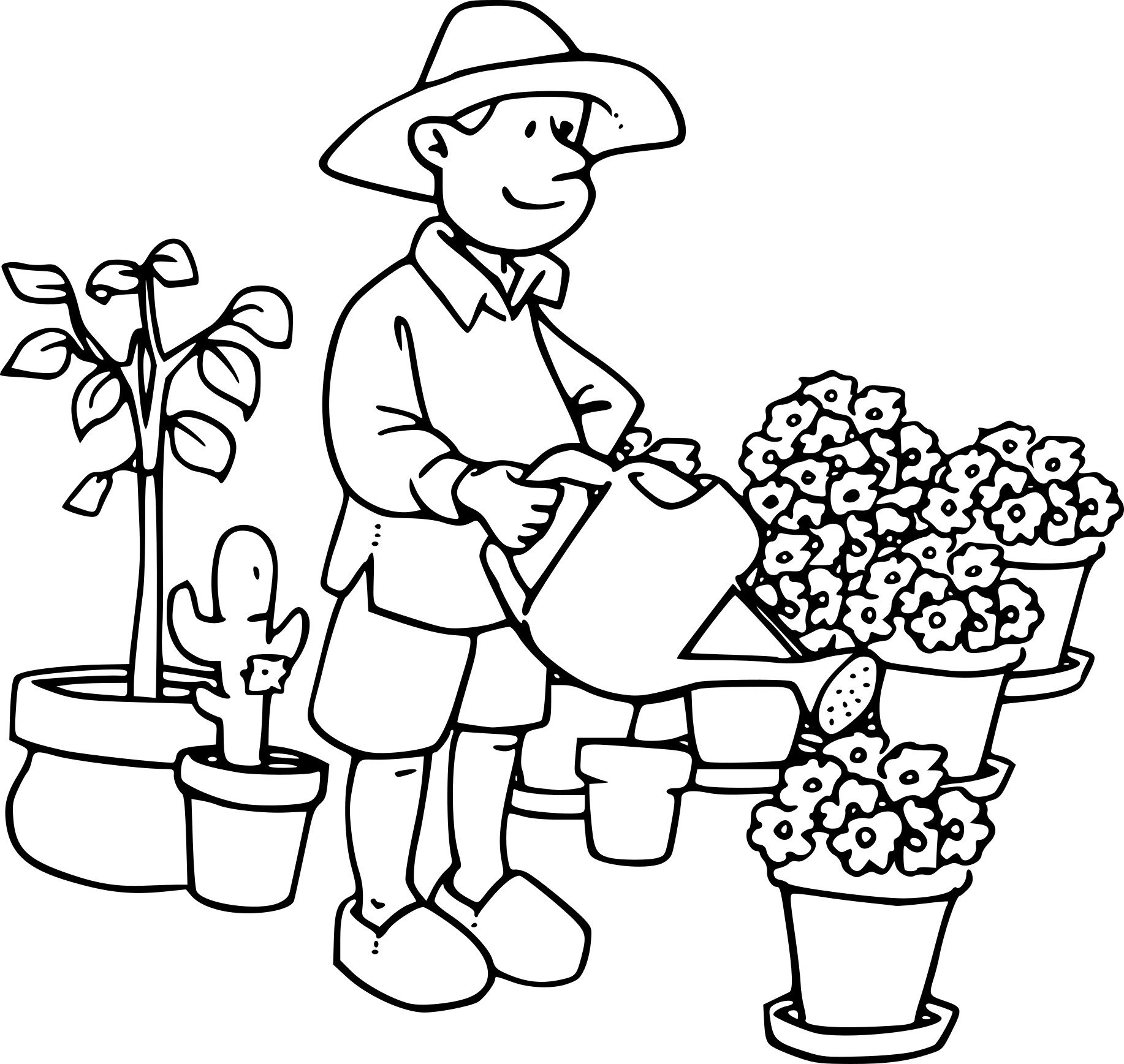 Un fleuriste animé entouré de fleurs et d'outils de jardinage