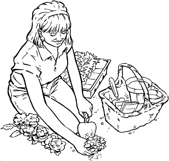 Coloriage d'un fleuriste au travail dans sa boutique