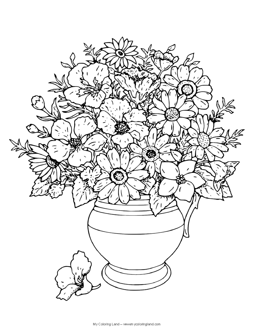 Coloriage de fleurs variées dans un jardin luxuriant