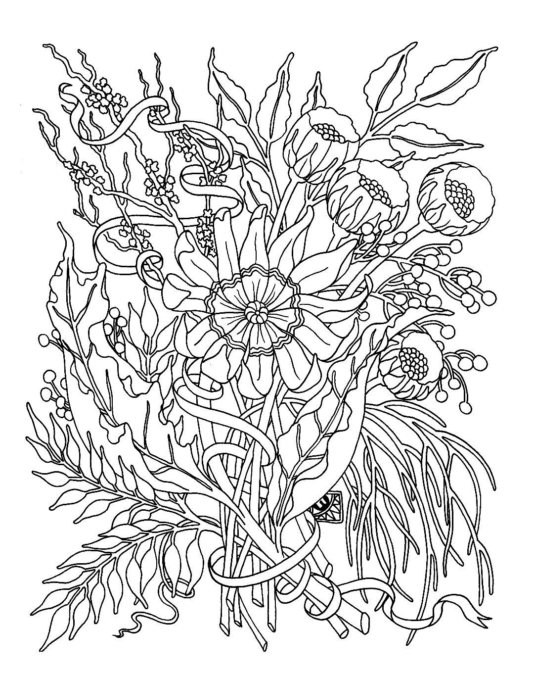 Coloriage de fleurs variées dans un jardin luxuriant