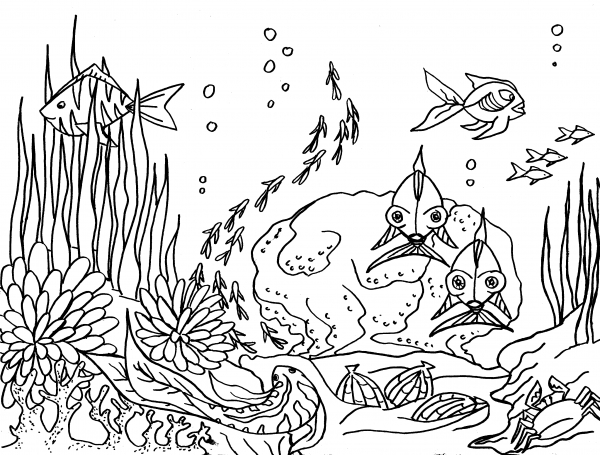 Coloriage d'un fond marin animé avec divers animaux marins