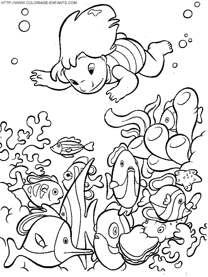 Coloriage d'un fond marin peuplé de poissons et de coraux